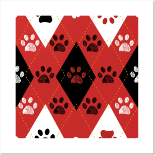Plaid pattern black and red paw prints Posters and Art